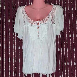 M- White Crochet Lace Double Layered Tattered Fringe Short Sleeve Peasant Top